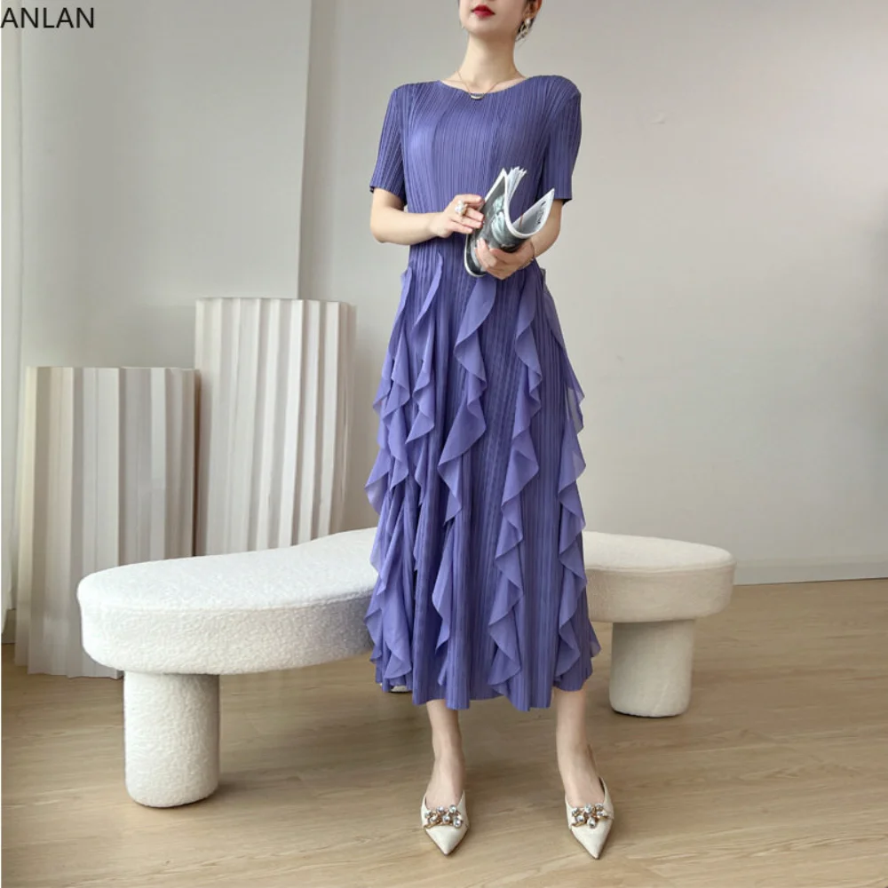

Женское плиссированное платье миаке, однотонное официальное платье оригинального дизайна с круглым вырезом и коротким рукавом, Новинка лета 2023, элегантная женская одежда
