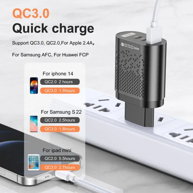 

58W Phone Charging PD Fast Charging USB QC3.0 Multiple 3 Ports Type C Plug Mobile Phone Adapt For Xiaomi High Speed Wall Charger