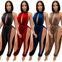 sexy one piece halter party rompers jumpsuits for women velvet club jumpsuit for women hollow out fashion autumn solid