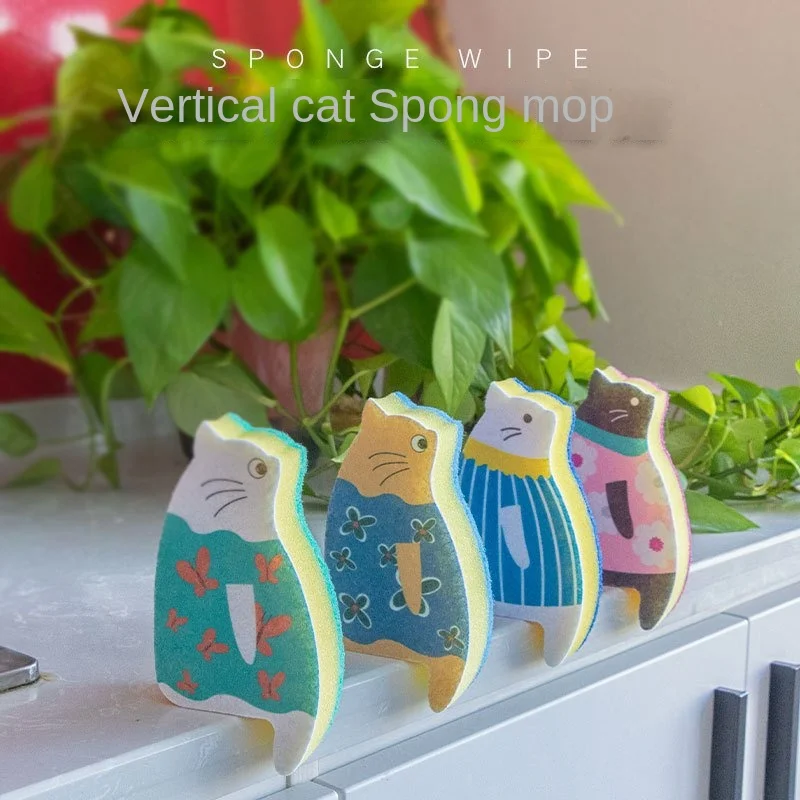 

2Pcs Cute Cat Printed Kitchen Sponge Dishwashing Brush Cartoon Dishwashing Cloth Sponge Wiper Kitchen Cleaning Accessories