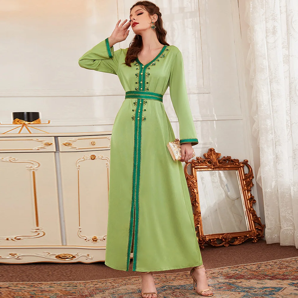

Green Caftan Marocain Abaya Dubai Moroccan Kaftan Party Arabic Muslim Dress Turkey Abayas for Women Islam Modest Djellaba Femme