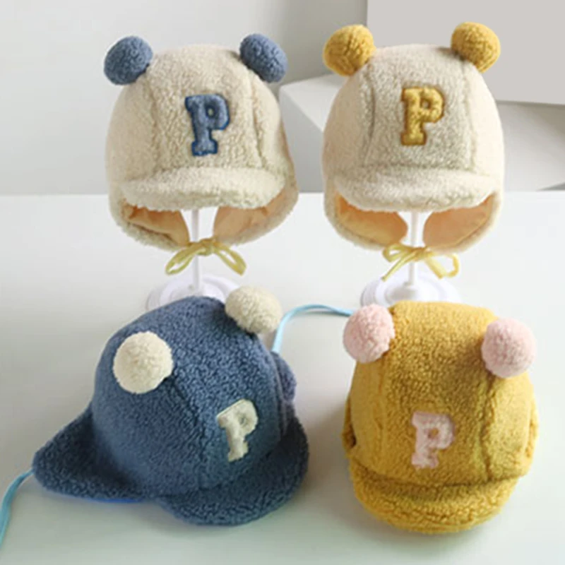 

Зимняя Детская шапка-ушанка с надписью P из ягненка и бархата, шапка с двойным помпоном для детей, детская Толстая шапка s