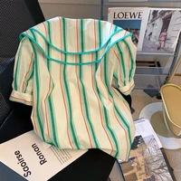 2022 summer new fashion double layer doll collar shirts feminine puff sleeves cute chic tops boutique clothing simple style