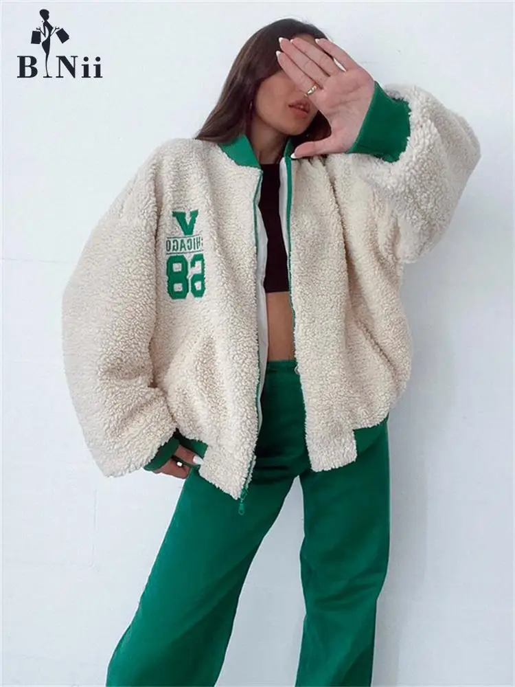

BiNii Autumn Loose Jackets For Women 2022 Long Sleeve Causal Letter Jackets Fashion Club Green Orange Bomber Coats Female