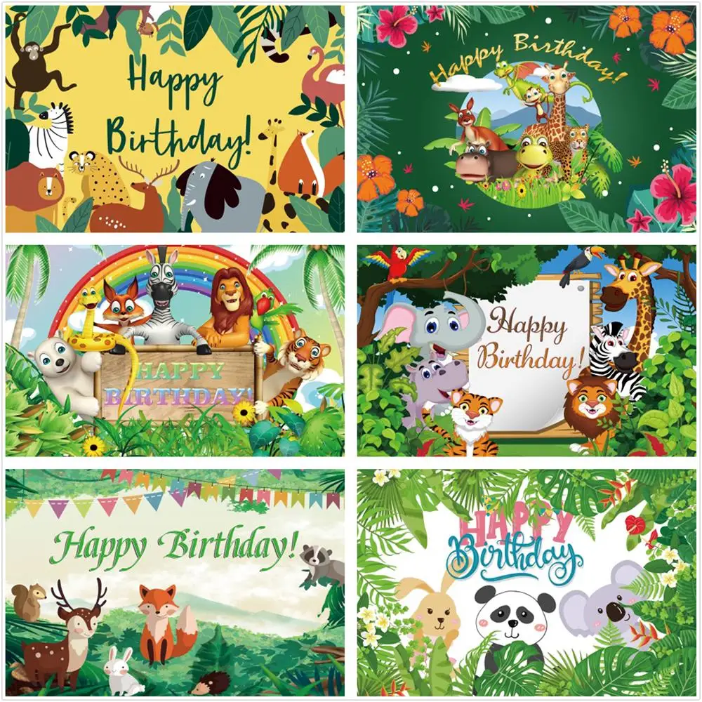 

Laeacco Happy Birthday Tapestry Jungle Cartoon Animal Lion Elephant Baby Birth Party Decor Kawaii Children's Room Tapestry