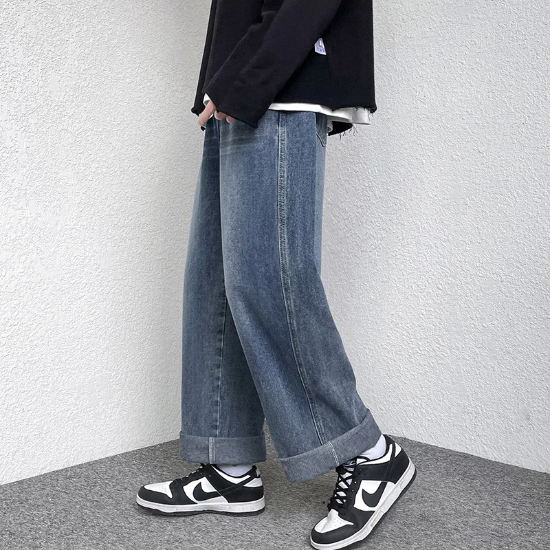 Men's Wide Leg Jeans Baggy New Fashion Oversized Elastic Waist Vintage Bleached Straight Denim Pants Trouser Male Streetwear