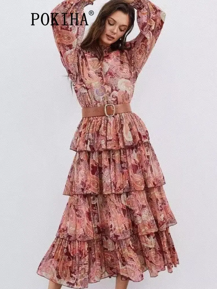 

Платье-миди женское шифоновое с длинным рукавом и поясом на резинке