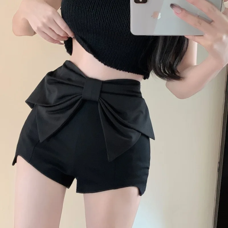 

Шорты женские с завышенной талией, асимметричные с широкими штанинами и бантом, однотонные черные сексуальные элегантные повседневные, лето 2023