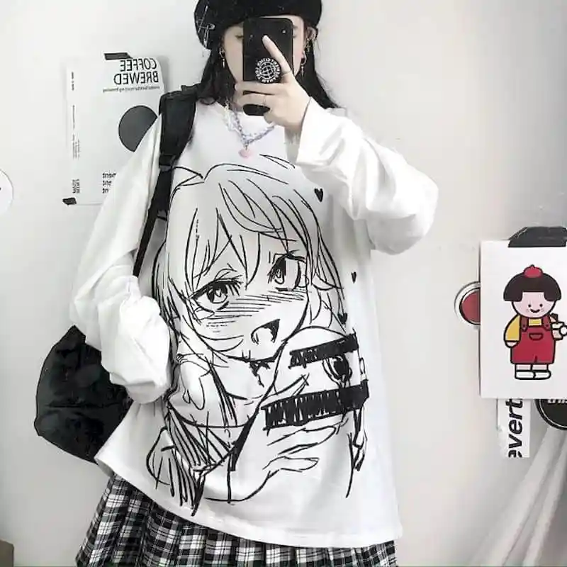 

2022 New Autumn Clothes japanese Version Harajuku Cartoon Anime Printing Loose Long-sleeved T-shirt Female kawaii Student Top