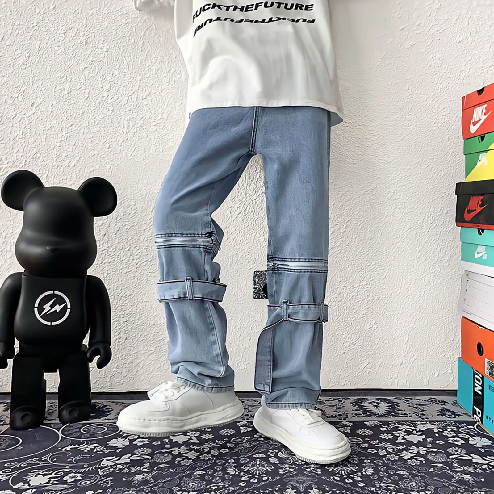 Blue Jeans Man Harajuku Style Detachable Zipper Baggy Straight Cargo Pants Korean Streetwear Hip Hop Punk Wide Leg Trousers