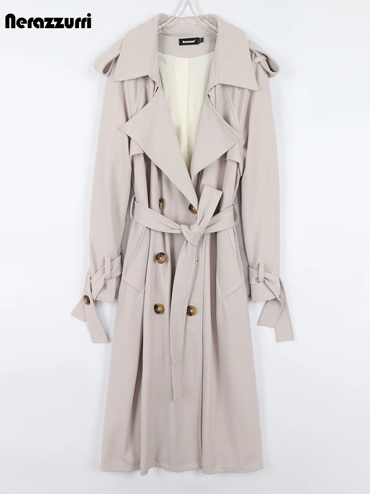 

Nerazzurri Spring Autumn Long Loose Casual Stretchy Soft Trench Coat for Women Sashes Raglan Sleeve Luxury Korean Fashion 2022