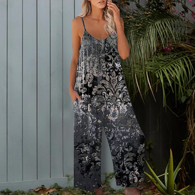 Women Summer Jumpsuit Outfits Tie Dyed Print Casual V-neck Suspender Pants Boho Beach Holiday Overalls Pockets Wide Leg Pants