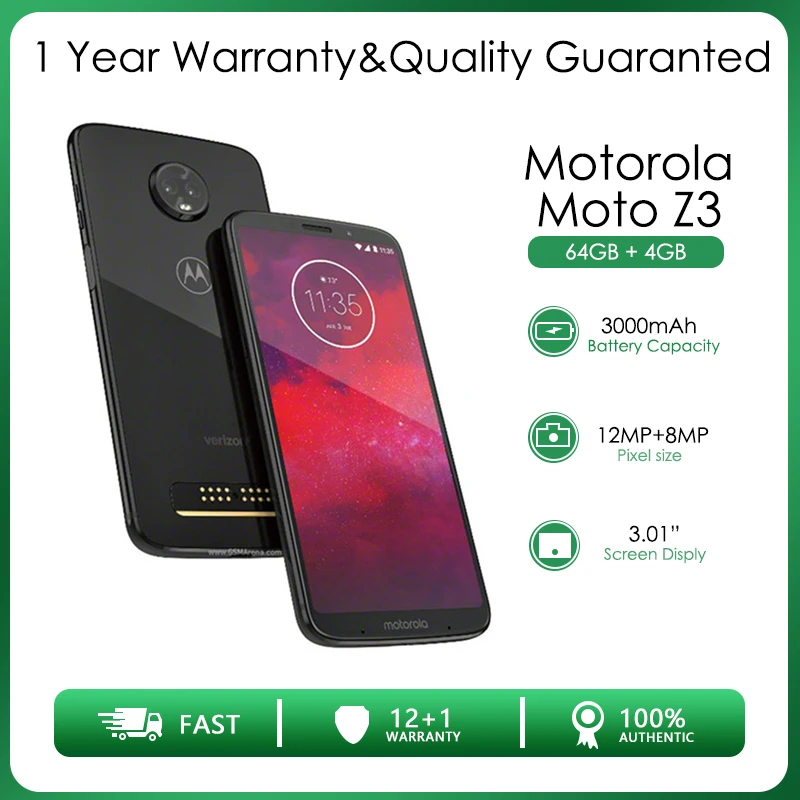 Моторола Мото З3 Отремонтированный-Оригинальный Разблокированный XT1929-17 6.01 дюйма Восьмиядерный 64 ГБ 4 ГБ ОЗУ 12 МП Вай-Фай Бесплатная доставка.