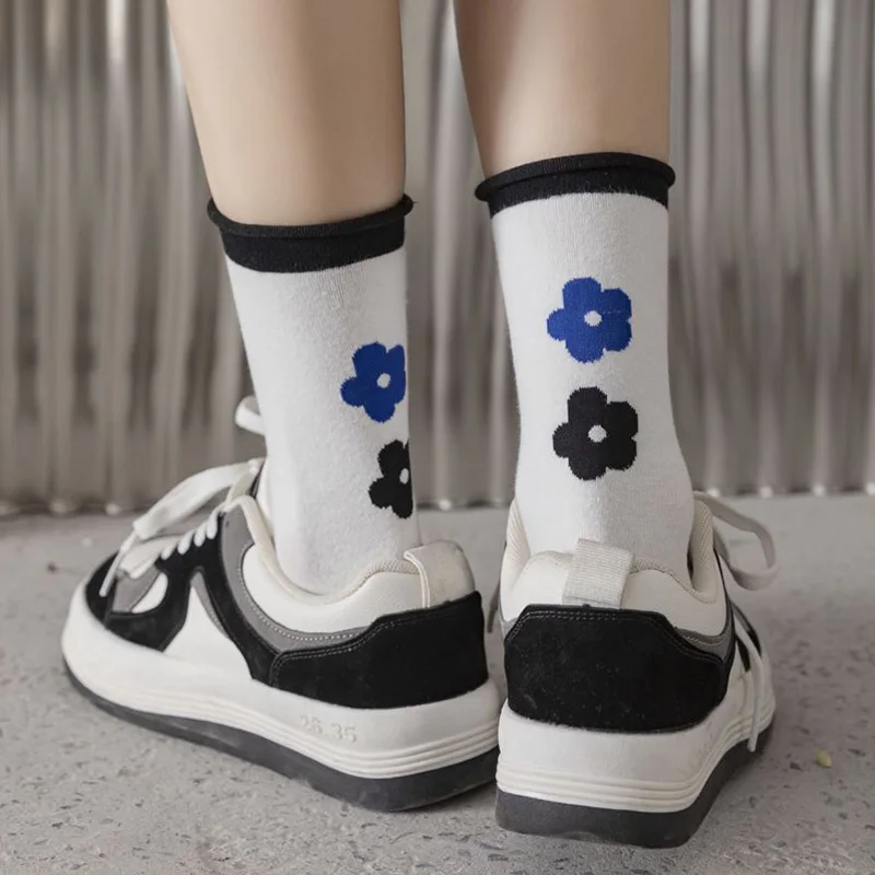 5 Pair Funy Pure Cotton  Women Cute Printing Smiley Face Long Ladies Socks Set Fashion Splicing Japanese Style Brand Woman Socks