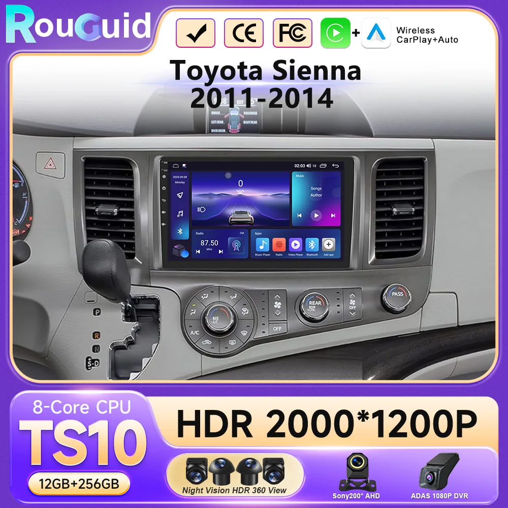 Фото Автомагнитола Android 16 Carplay Auto с мультимедийным видеоплеером для Toyota Sienna 2011-2014, сенсорный QLED-экран №1
