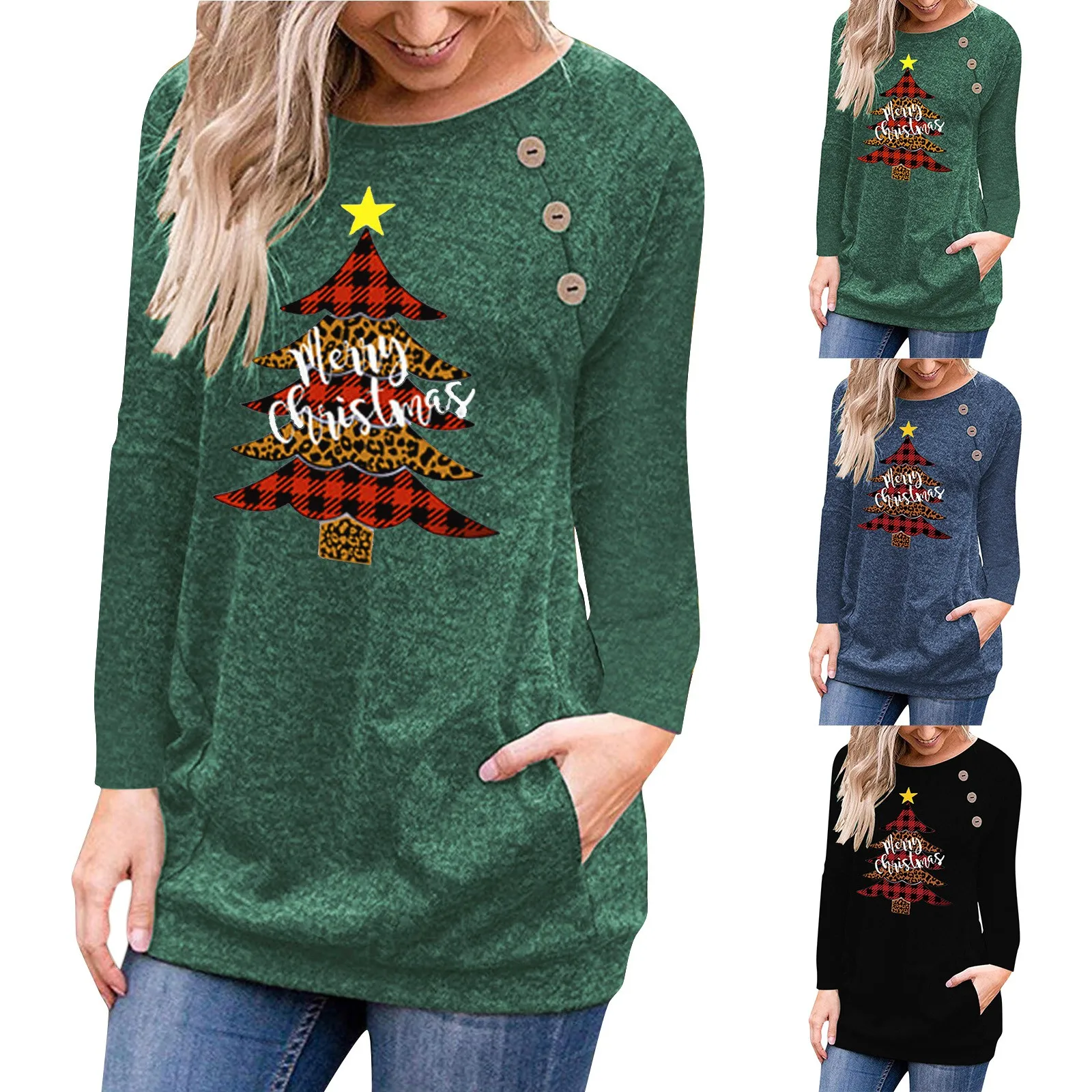 

Women's Fashion Christmas Print O Neck T Shirt Casual Strapless Loose Tee Blouse Sweatshirt Women Light Women Tunic Front Open