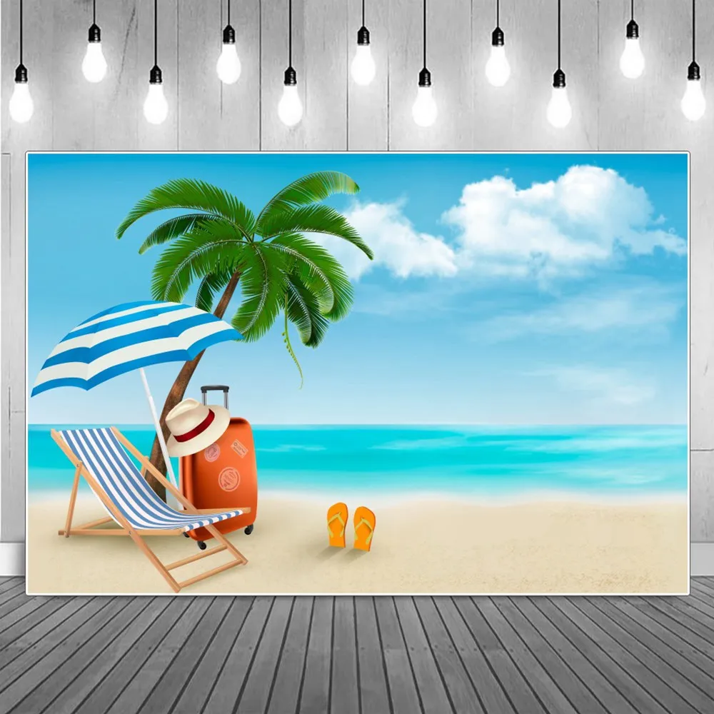Luggage Summer Holiday Photography Backgrounds Cloud Blue Sky Sea Party Decoration Photocall Backdrops