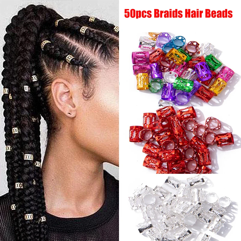50Pcs/Set Red Silver Multicolor Metal Tube Ring Dreadlock Beads For Braids Hair Beads Dreadlock Adjustable Hair Braid Cuff Clips