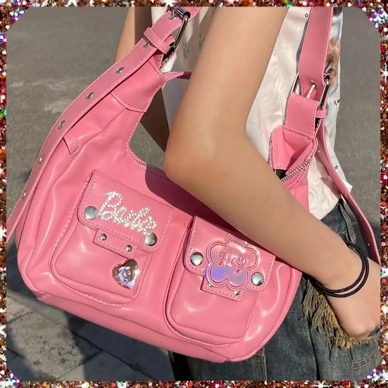 

Miniso Barbie Satchel Charm Handbag Wear Resistant Pu Women Female Fashion Travel Bag Tote Bag Purses Y2K Locomotive Bag Gifts