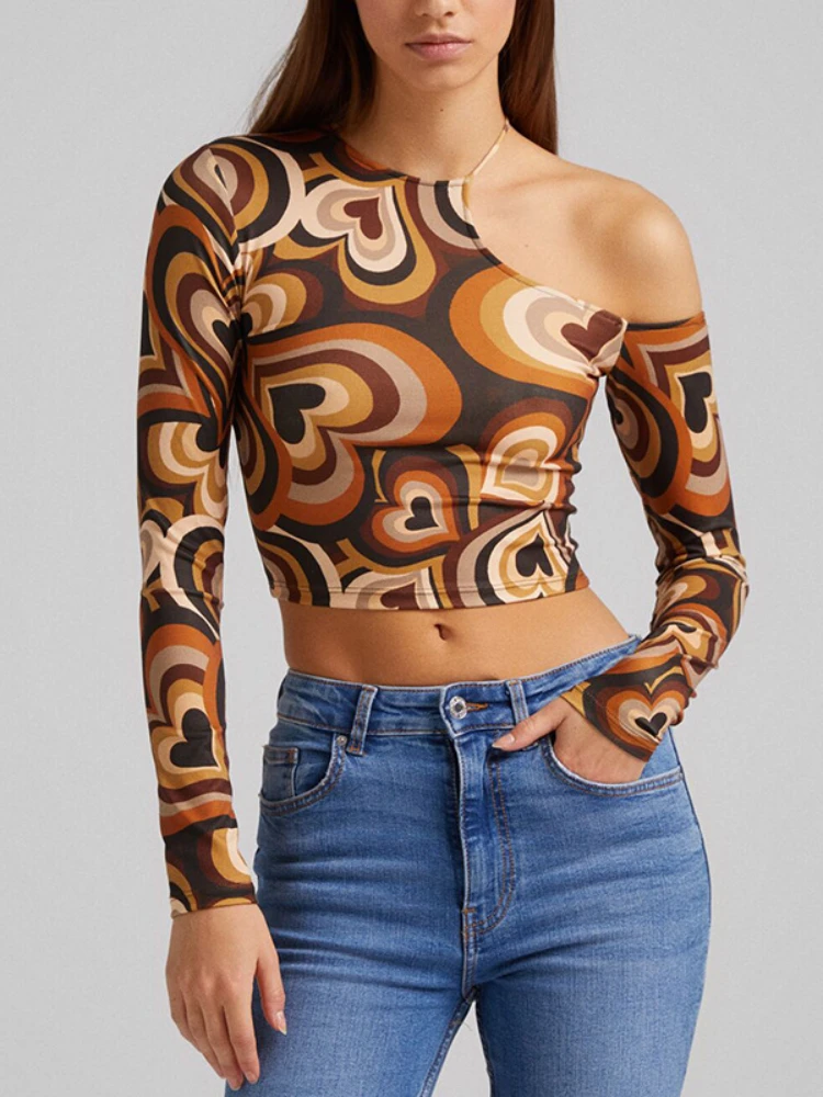 

Y2k Top Fashion Women Zebra-stripe Top Stylish Long Sleeve Crop Tops Off-the-shoulder Asymmetric Autumn New Round Collar T Shirt