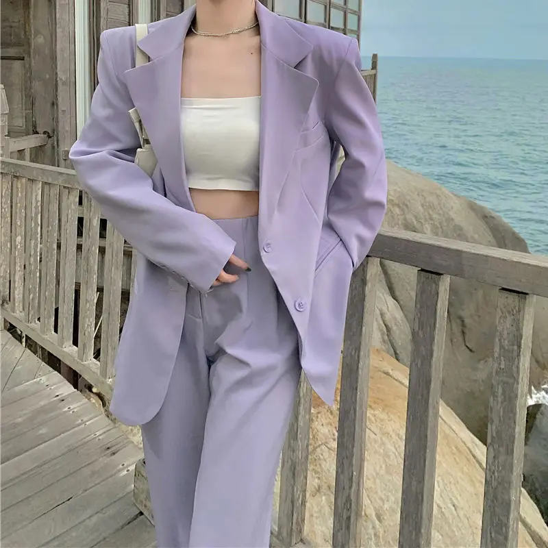 

2022 Spring Autumn Women New Blazer Suits Female Long Sleeve Solid Coats and Long Loose Wide Leg Pants Ladies 2 Piece Sets H112