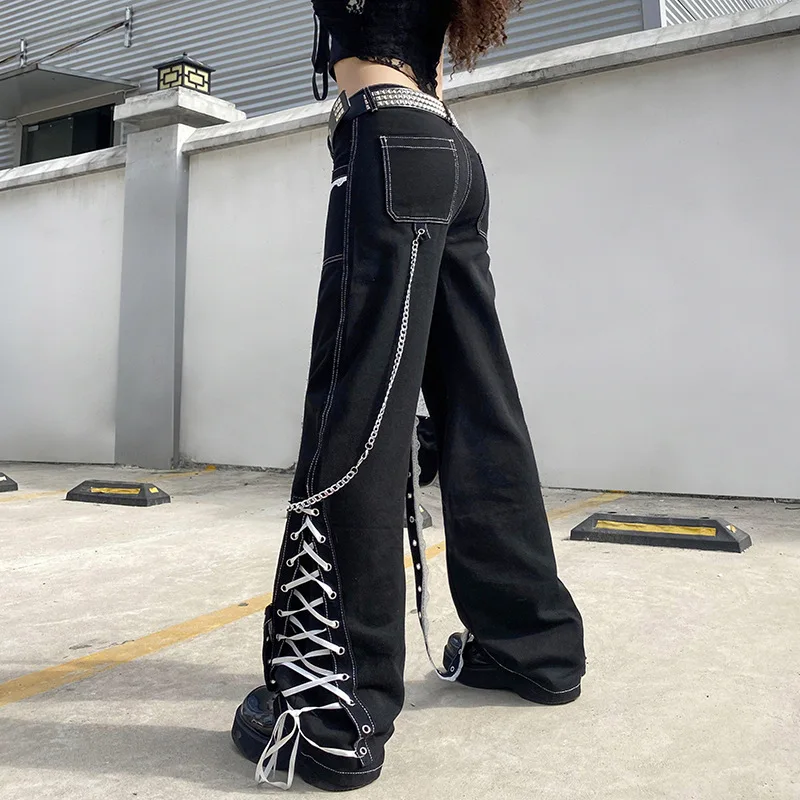 Gothic Women Baggy Jean Aesthetic Lace Up Patchwork Dark Academia Streetwear Punk Bandage Denim Pants Straight Pants