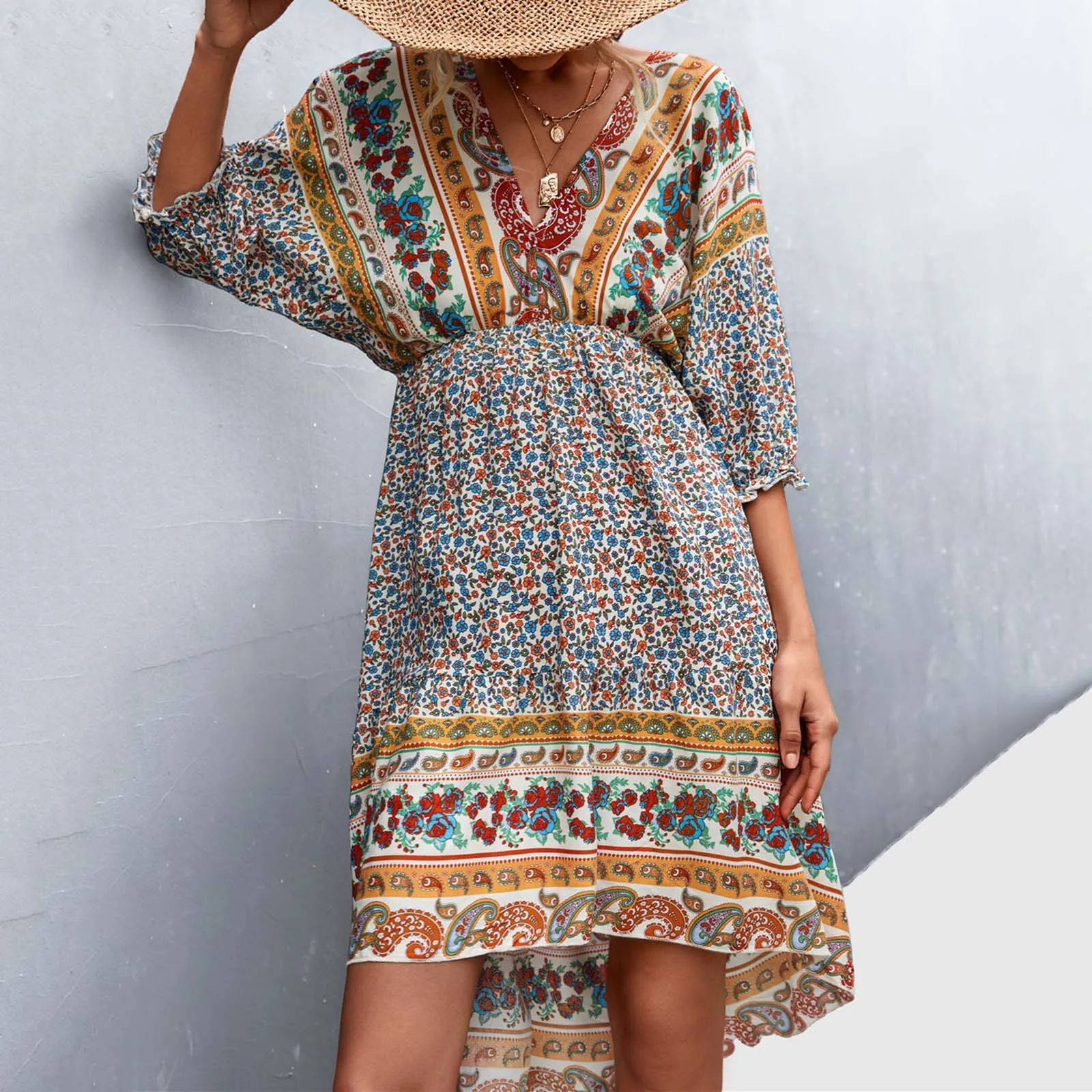 

Women Fashion Trend Bohemian V Neck Positioning Flower Irregular Backless Dress Size 12 Formal Dresses for Women