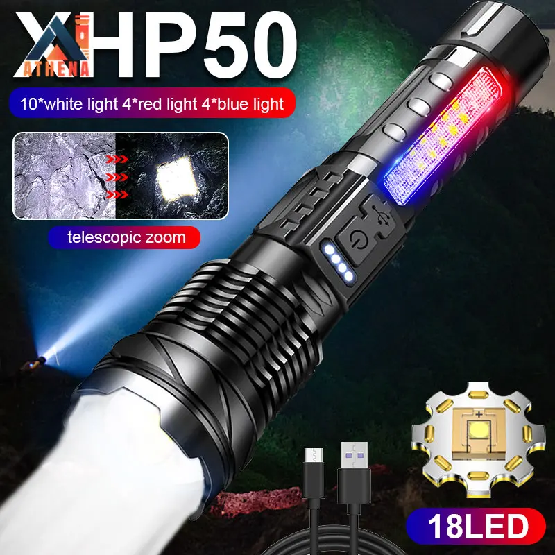 

100000LM XHP70 Emergency Touch Powerful Lights Flashlight Outdoor Camping Tactical Light Rechargeable T6+Cob Light Flashlight