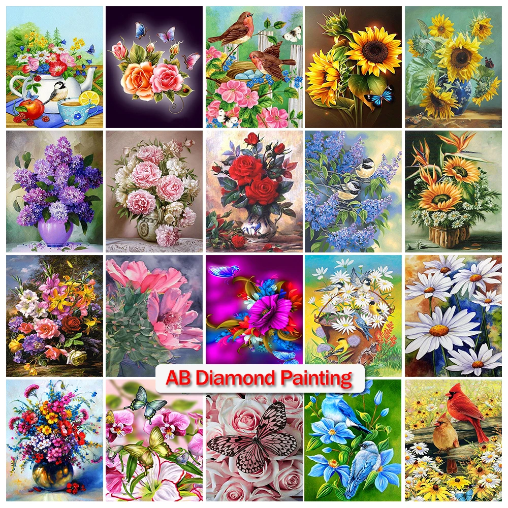 Diamond Painting Sunflower Peony Flower Cross Stitch Painting Kit AB Drill DIY Flower Diamond Embroidery Mosaic Art Decoration