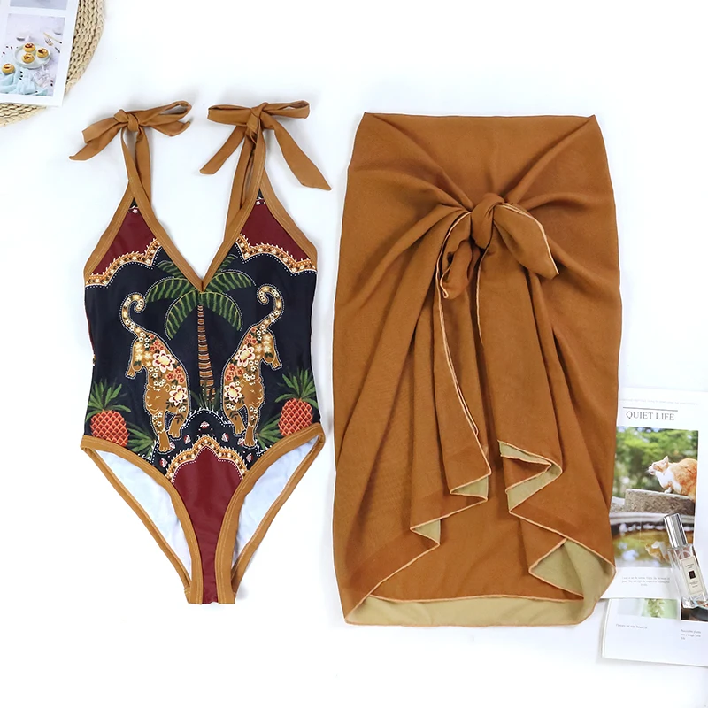 MUOLUX 2023 New Swimsuit Vintage One-Piece Print Swim Skirt Women Cover Up Swimwear Summer Beachwear Monokini Bathing Suit Dress