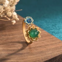 china style ancient costume cheongsam hand finger ring jewelry enamel craft lotus green jade beads retro rings for women female