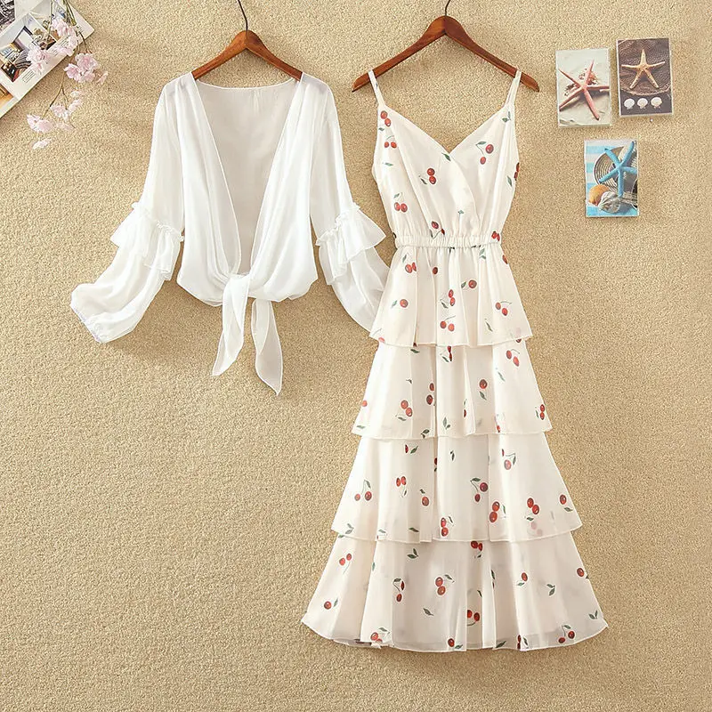 

Women 2022 Summer New Fashion Two Piece Set Female Printed Midi Cake Dress Bow Tie Chiffon Blouse Shirt Tops Dress Set Suits N67