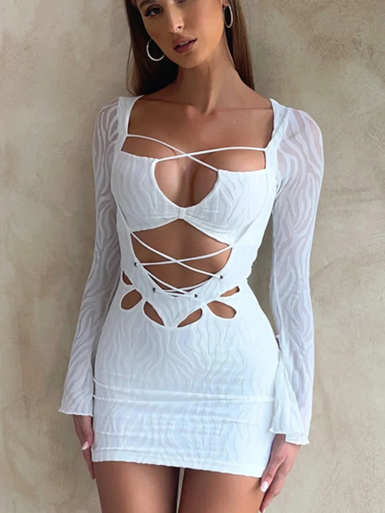 

Mozision White See Through Mesh Hollow Out Mini Dress For Women Robe Autumn Full Sleeve Backless Sexy Party Dress Vestido Gown