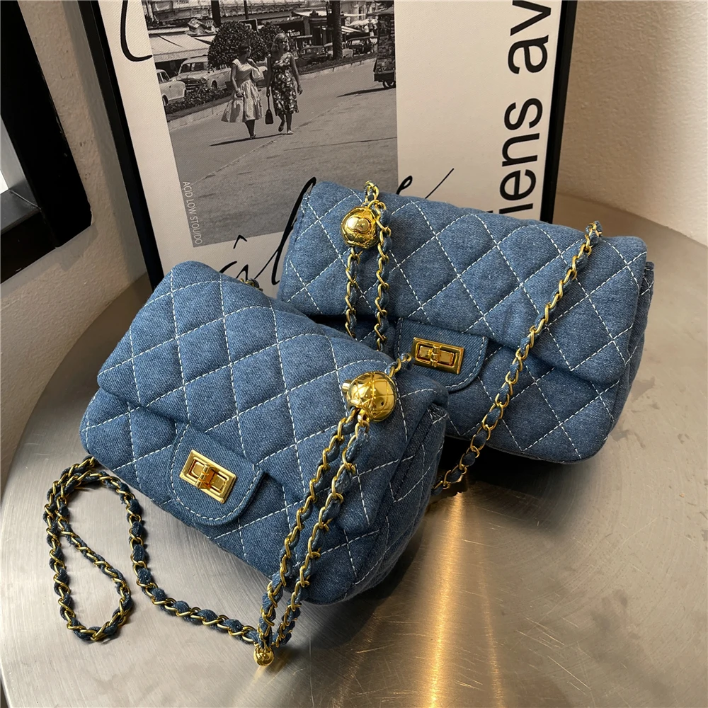 

Fashion Blue Denim Quilted Chain Small Shoulder Crossbody Bags For Women Luxury Brand High Quality Purses And Handbags 2022 NEW