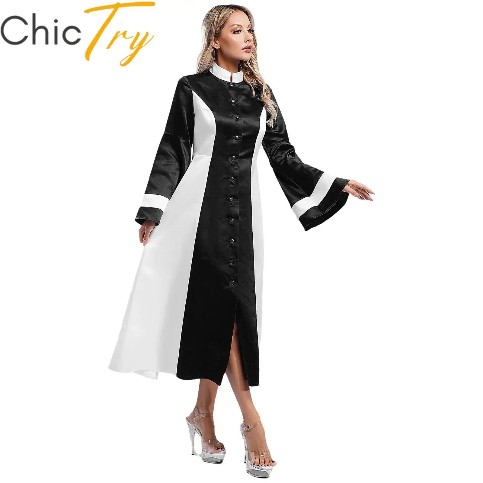 Женское церковное платье для хора поклонения цветное с воротником-стойкой и