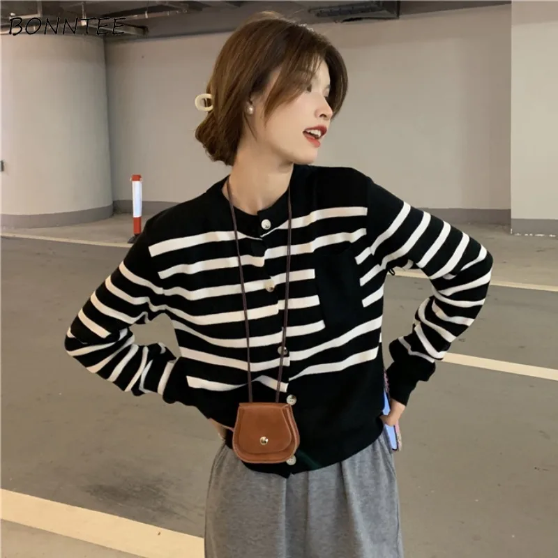 

Cardigan Women Striped Knit Sweater Casual Preppy Style Ulzzang Youth Warm Soft Cozy Teens Tender Retro Kawaii Basic All-match