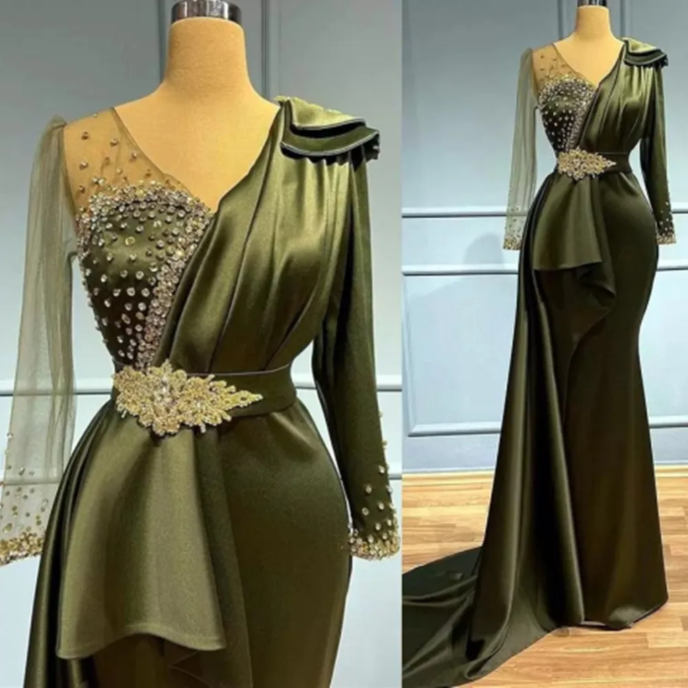 

2022 V Neck Mermaid Evening Formal Dresses With Long Sleeve Lace Illusion Beaded Stain Arabic Aso Ebi African Fishtail Prom Gown