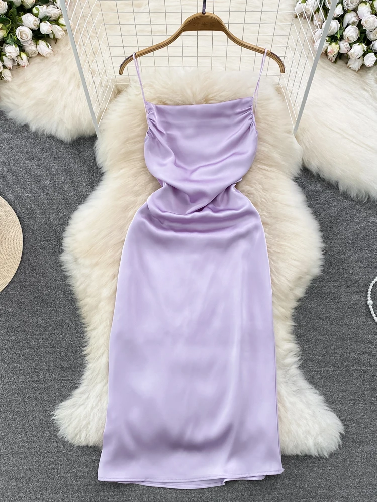 

Women Summer Dress High-grade Satin Swing Neck Suspender Dress Fashion Waist Show Thin Sleeveless Backless A-line Dress D3194