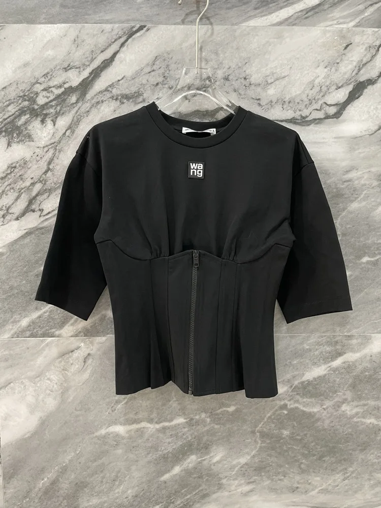 

Fashion Classic design Women's White Short-sleeved 2022 Spring and Summer New Fishbone Stitching Slim Short T-shirt Tops