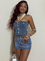y2k jeans button pocket tube top high waist mini skirt matching suit women 2022sexy backless sleeveless club 2 piece sets outfit