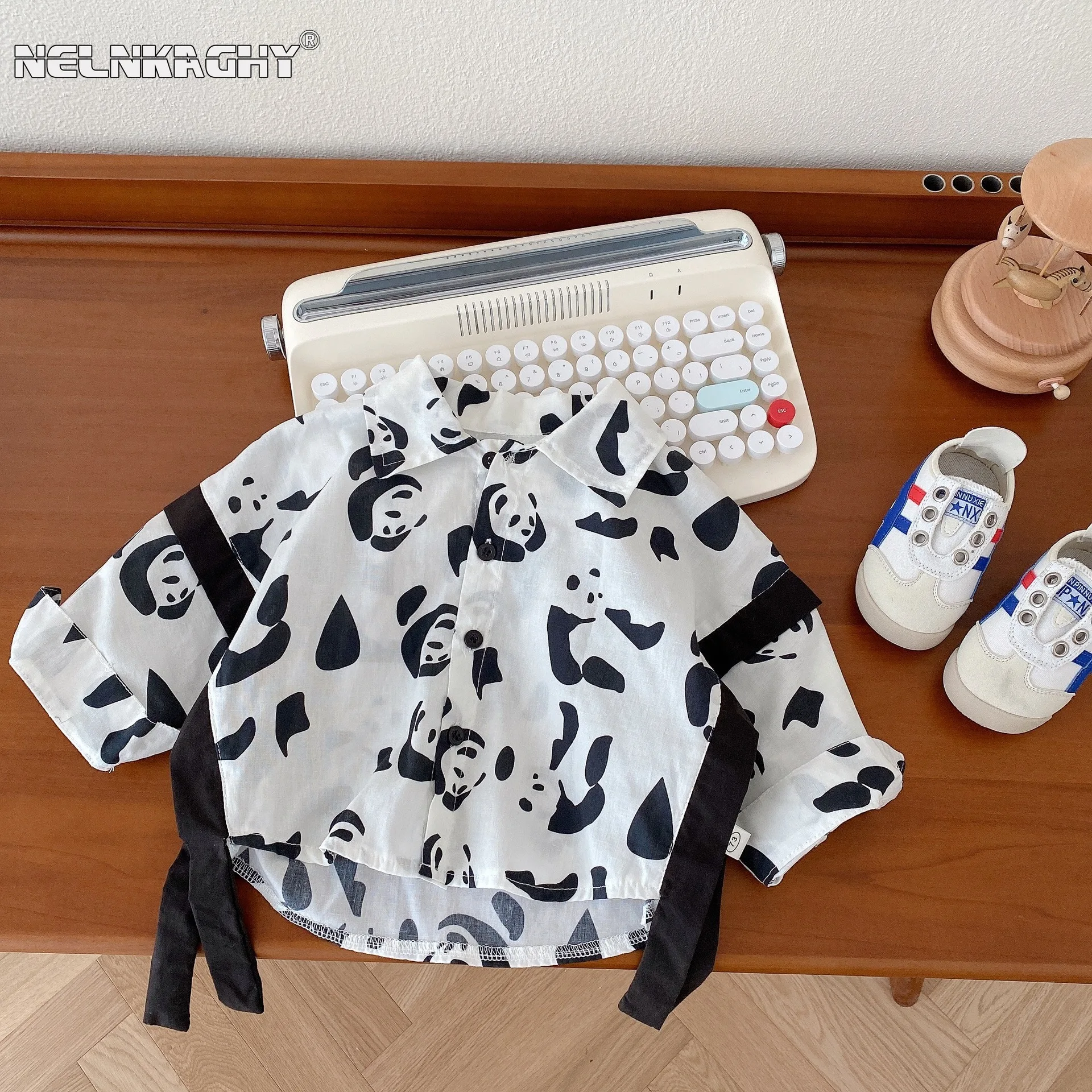 

2023 Autumn New In Kids Baby Boys Full Sleeve Single-breasted Top Shirts Print Panda Children Personality Fashion Clothing 3M-5Y