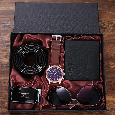 2022 4 шт./компл. Мужской подарочный набор, новые модные деловые часы, мужские очки, кожаный ремешок, кошелек, Подарочная коробка для мужчин, под...