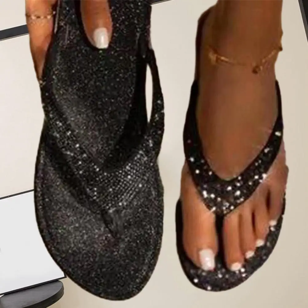 

1 Pair Rhinestone Slippers Flat Heel Open Toe Non-slip Summer Slippers Thong Design Summer Women Bling Flat Slippers