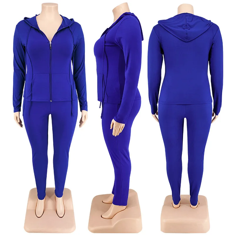 Plus Size Jumpsuits Solid Zipper Hooded Long Sleeve Tights Plus Size Women Clothing Sporty Slim Fit Matching Set Elastic Waist