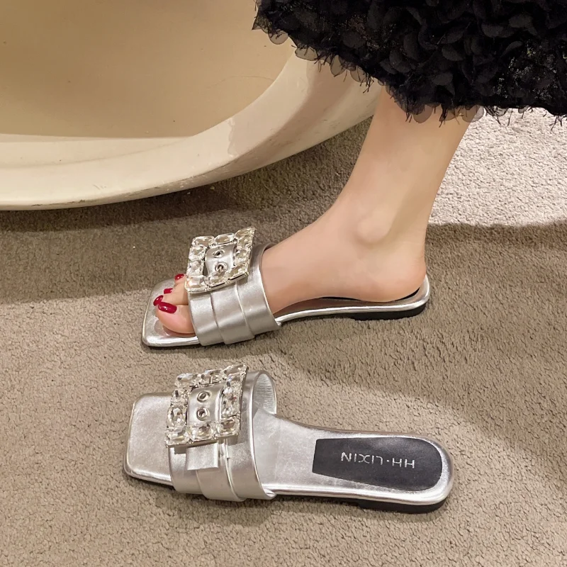 2023 Denim Rhinestone Square Toe Flat Slippers Open Toe Plus Size Handmade Women's Shoes