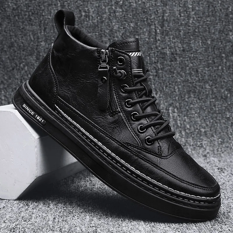 

Winter Mid Cut Men's Boots With Warm Fur Trendy Outdoor Men's Trendy Boots With Side Zipper Retro Lace Up Men's Casual Shoes