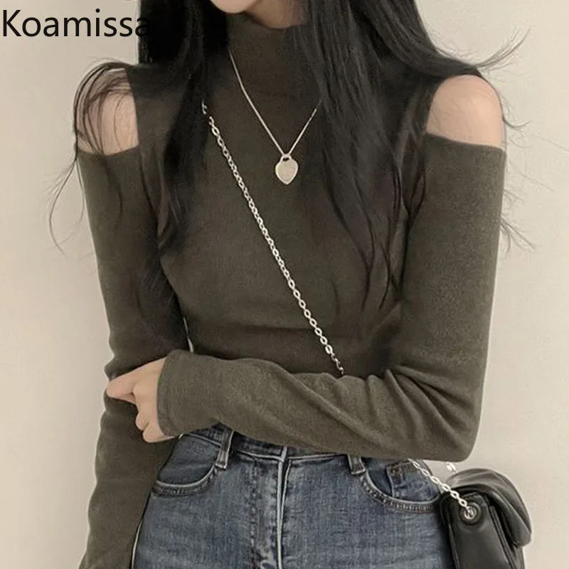 

Женская винтажная Однотонная футболка Koamissa, базовая модная весенне-осенняя футболка с открытыми плечами и длинными рукавами, шикарные унив...