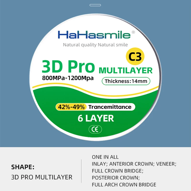 Циркониевый блок 3D PRO Многослойный 98 мм C3 Прозрачность 42%-49% Продукт Cad Cam Roland