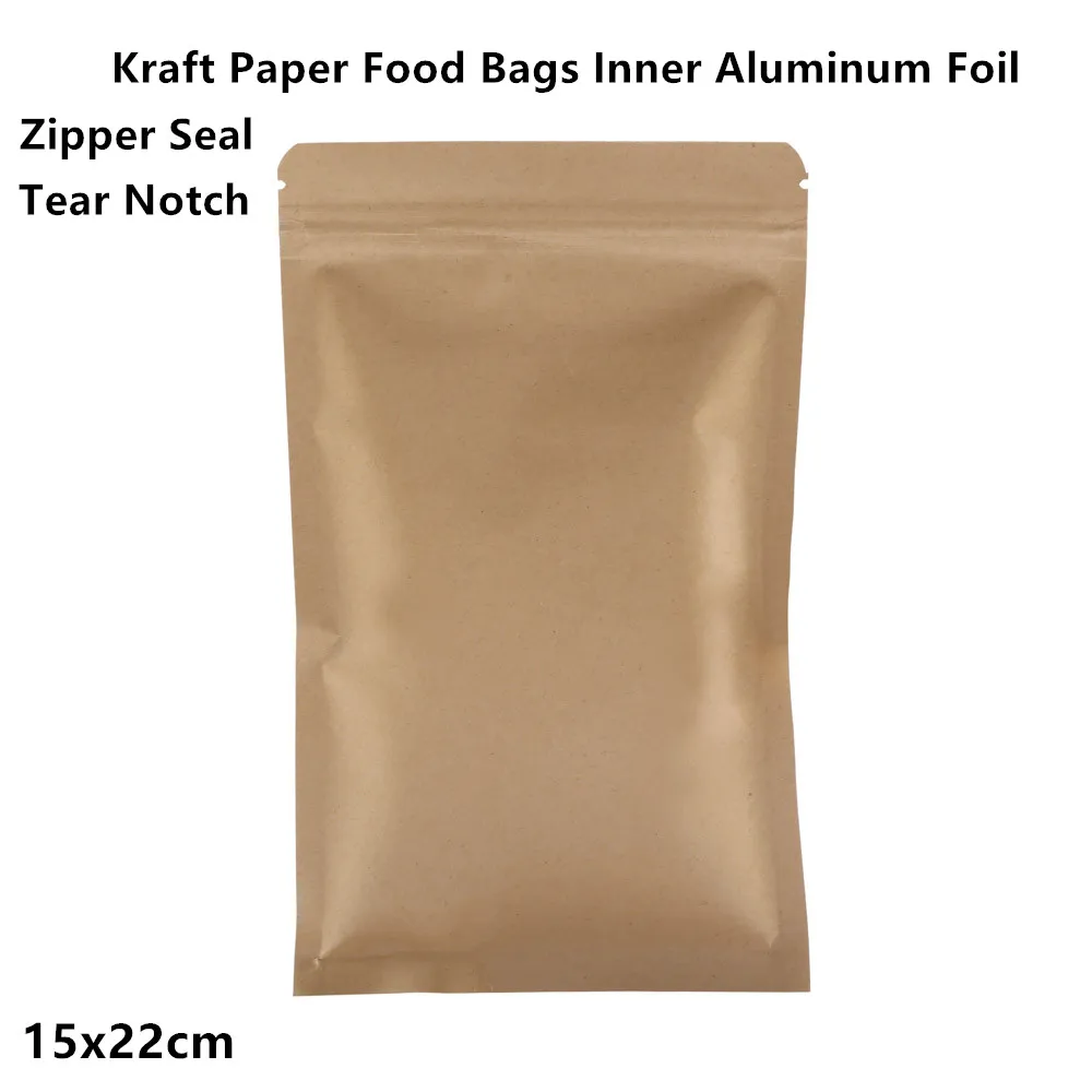 

100pcs 15X22cm Brown Kraft paper ziplock bags inner aluminium foil,Resealable Craft paper aluminized pouch Zipper Grip seal sack