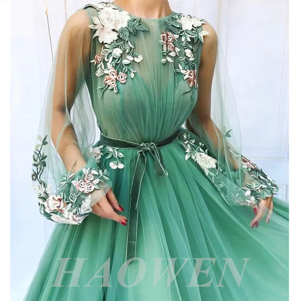 

HAOWEN Illusion Long Sleeve Formal Evening Dress Tulle A-Line Applique Flowers Vestidos De Festa Longo Mint Green Prom Dresses